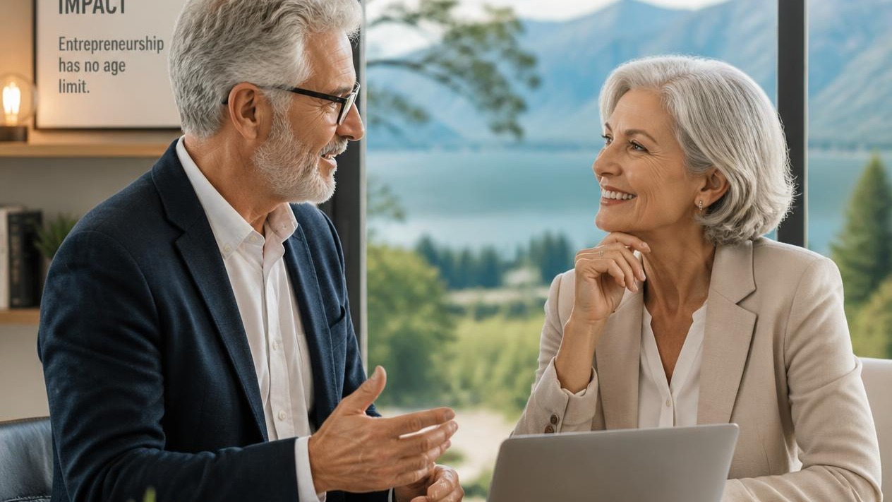 Dos emprendedores con canas conversando en un entorno profesional